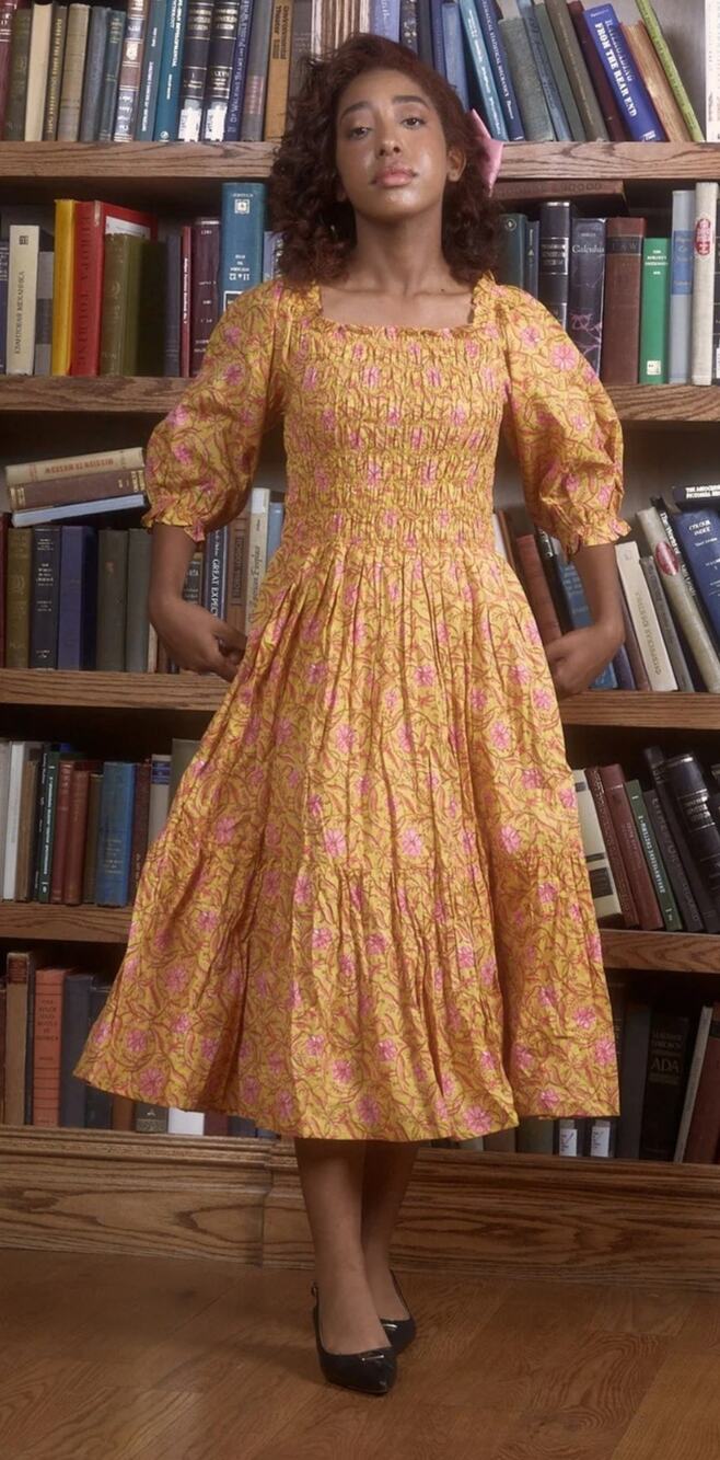 Dynasty George Delilah Dress Sunflower Floral Smocked Midi Cotton M Cottagecore